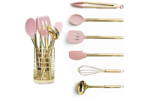 7 piece Gold & Pink silicone kitchen utensil sets ,Gold Utensil Holder