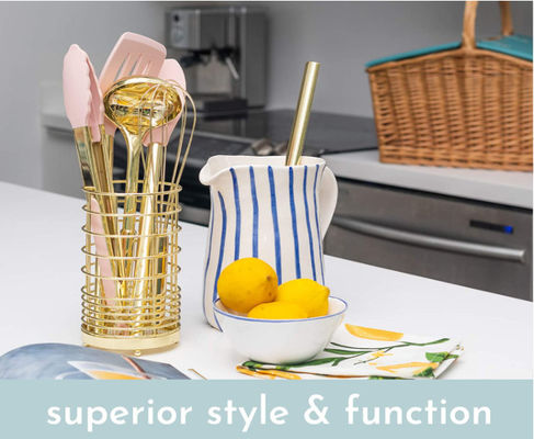 7 piece Gold & Pink silicone kitchen utensil sets ,Gold Utensil Holder
