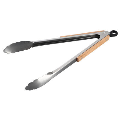 Heat Resistant Kitchen Food Tongs Stainless Steel Wood Handle Barbecue Food Clip