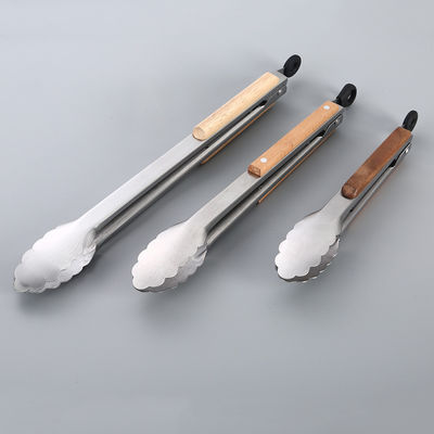Heat Resistant Kitchen Food Tongs Stainless Steel Wood Handle Barbecue Food Clip