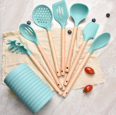 Non Stick Silicone Wooden Handle Kitchen Utensil Set 8 Pcs Silicone Utensil Spoon Set