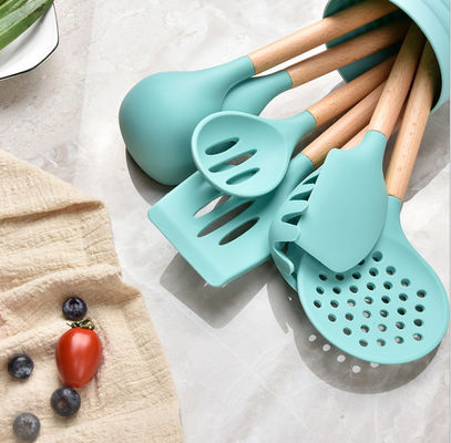 Non Stick Silicone Wooden Handle Kitchen Utensil Set 8 Pcs Silicone Utensil Spoon Set
