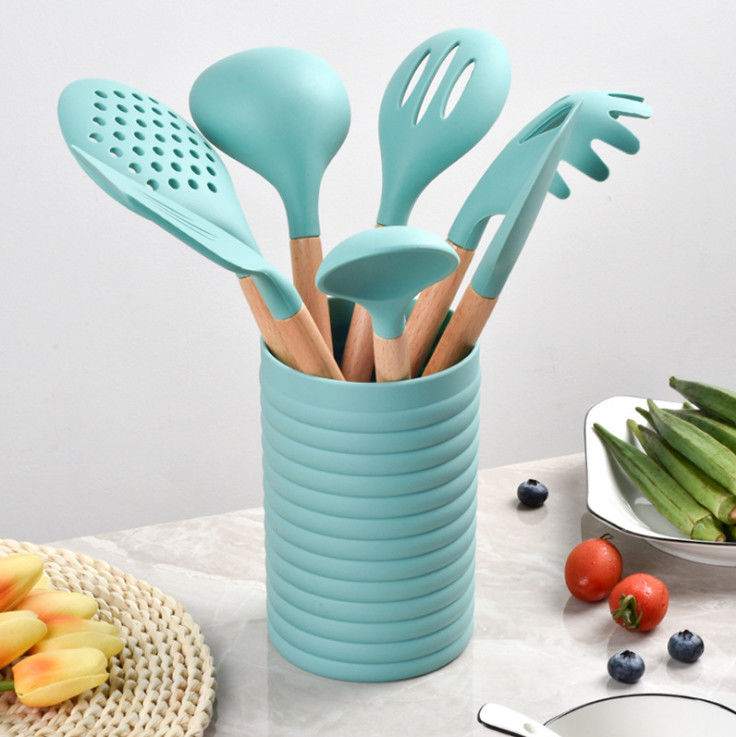Non Stick Silicone Wooden Handle Kitchen Utensil Set 8 Pcs Silicone Utensil Spoon Set